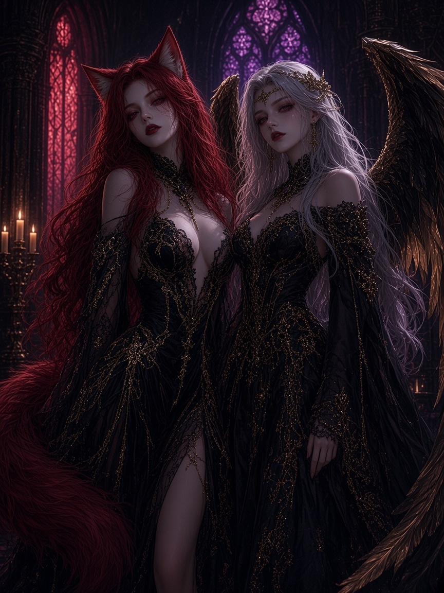 Catgirl and dark angel in a gothic cathedral